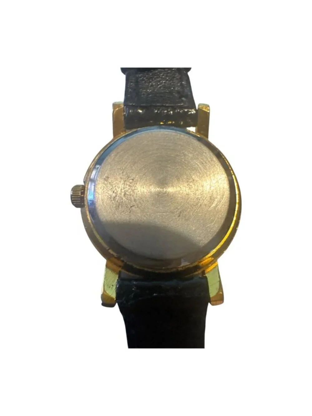 Vintage Mickey Mouse Watch With Roman Numerals & Black Leather Band Gold-Tone Ca